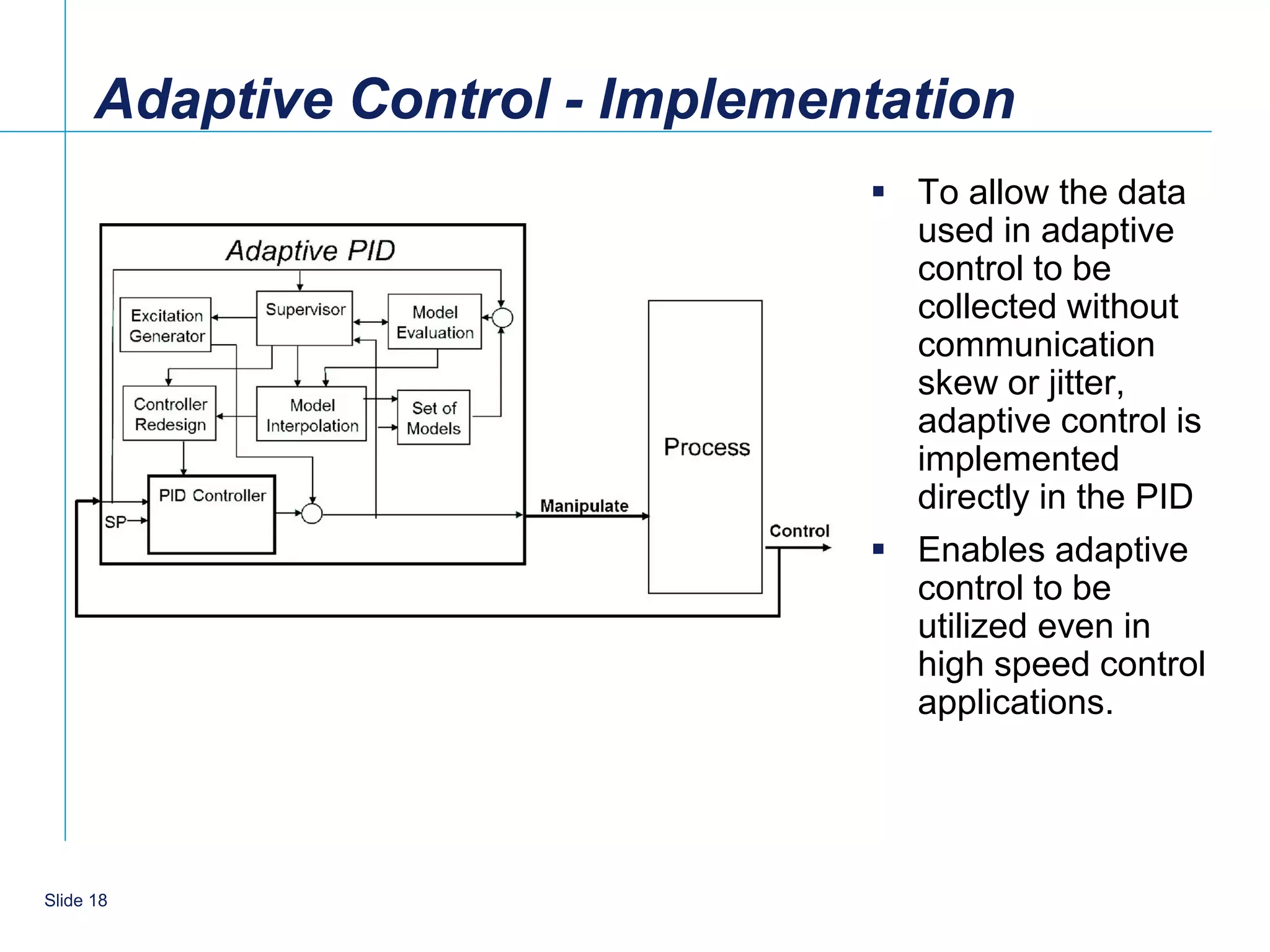 Adaptive Control - Implementation
                                  To allow the data
                                   used in adaptive
                                   control to be
                                   collected without
                                   communication
                                   skew or jitter,
                                   adaptive control is
                                   implemented
                                   directly in the PID
                                  Enables adaptive
                                   control to be
                                   utilized even in
                                   high speed control
                                   applications.




    18
Slide 18
 