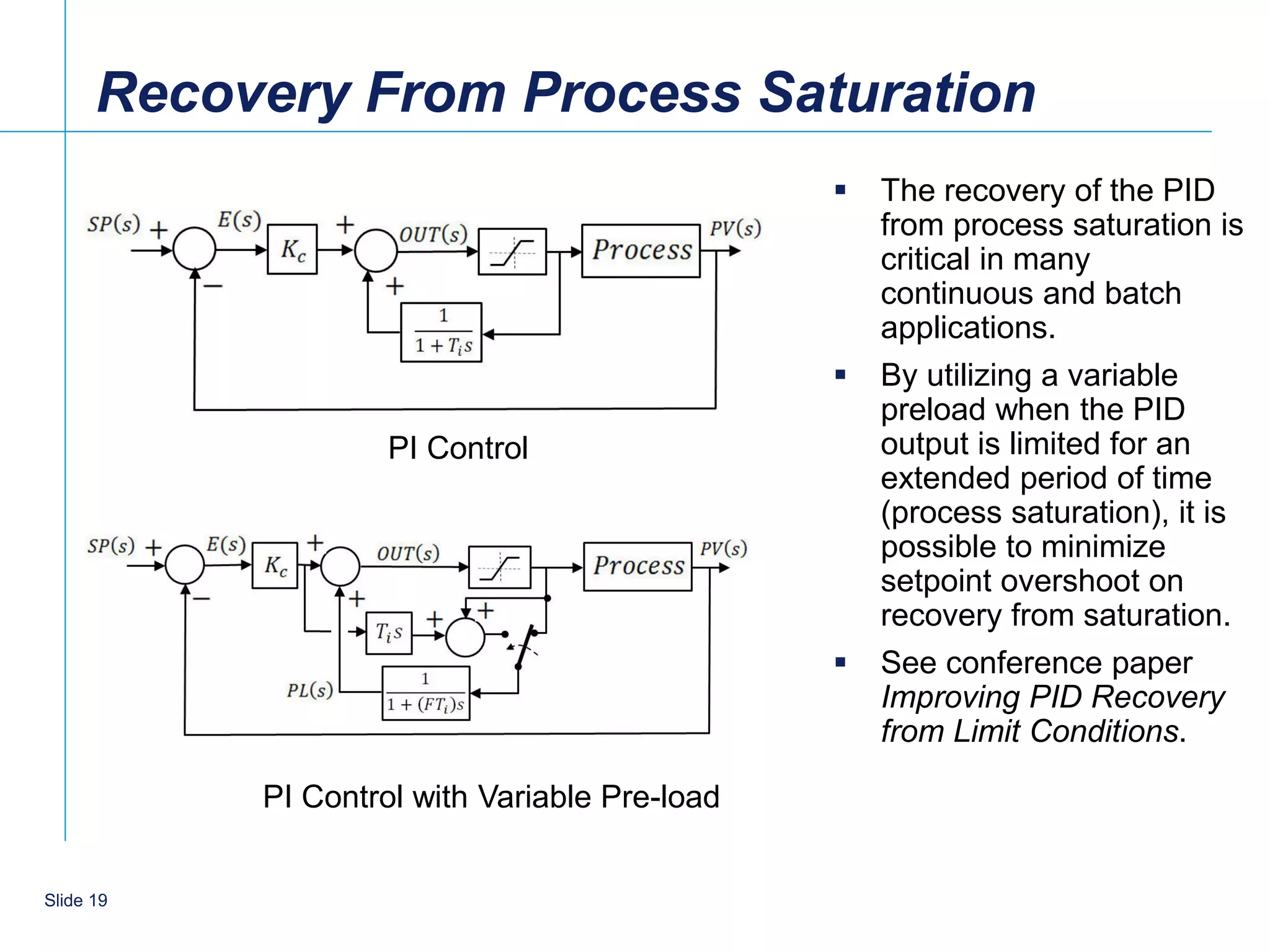 Recovery From Process Saturation
                                                  The recovery of the PID
                                                   from process saturation is
                                                   critical in many
                                                   continuous and batch
                                                   applications.
                                                  By utilizing a variable
                                                   preload when the PID
                    PI Control                     output is limited for an
                                                   extended period of time
                                                   (process saturation), it is
                                                   possible to minimize
                                                   setpoint overshoot on
                                                   recovery from saturation.
                                                  See conference paper
                                                   Improving PID Recovery
                                                   from Limit Conditions.

           PI Control with Variable Pre-load


    19
Slide 19
 
