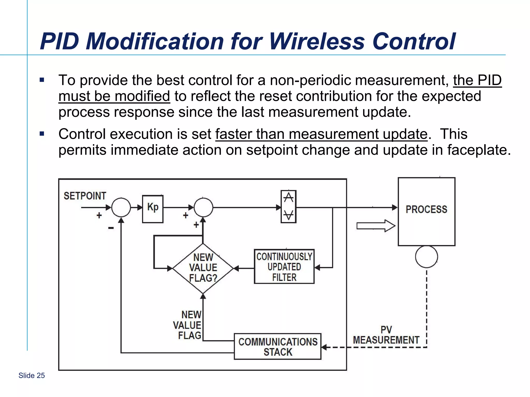 PID Modification for Wireless Control
       To provide the best control for a non-periodic measurement, the PID
        must be modified to reflect the reset contribution for the expected
        process response since the last measurement update.
       Control execution is set faster than measurement update. This
        permits immediate action on setpoint change and update in faceplate.




    25
Slide 25
 