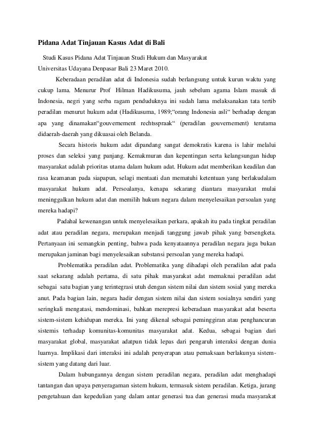 Pidana Adat Tinjauan Kasus Adat Di Bali