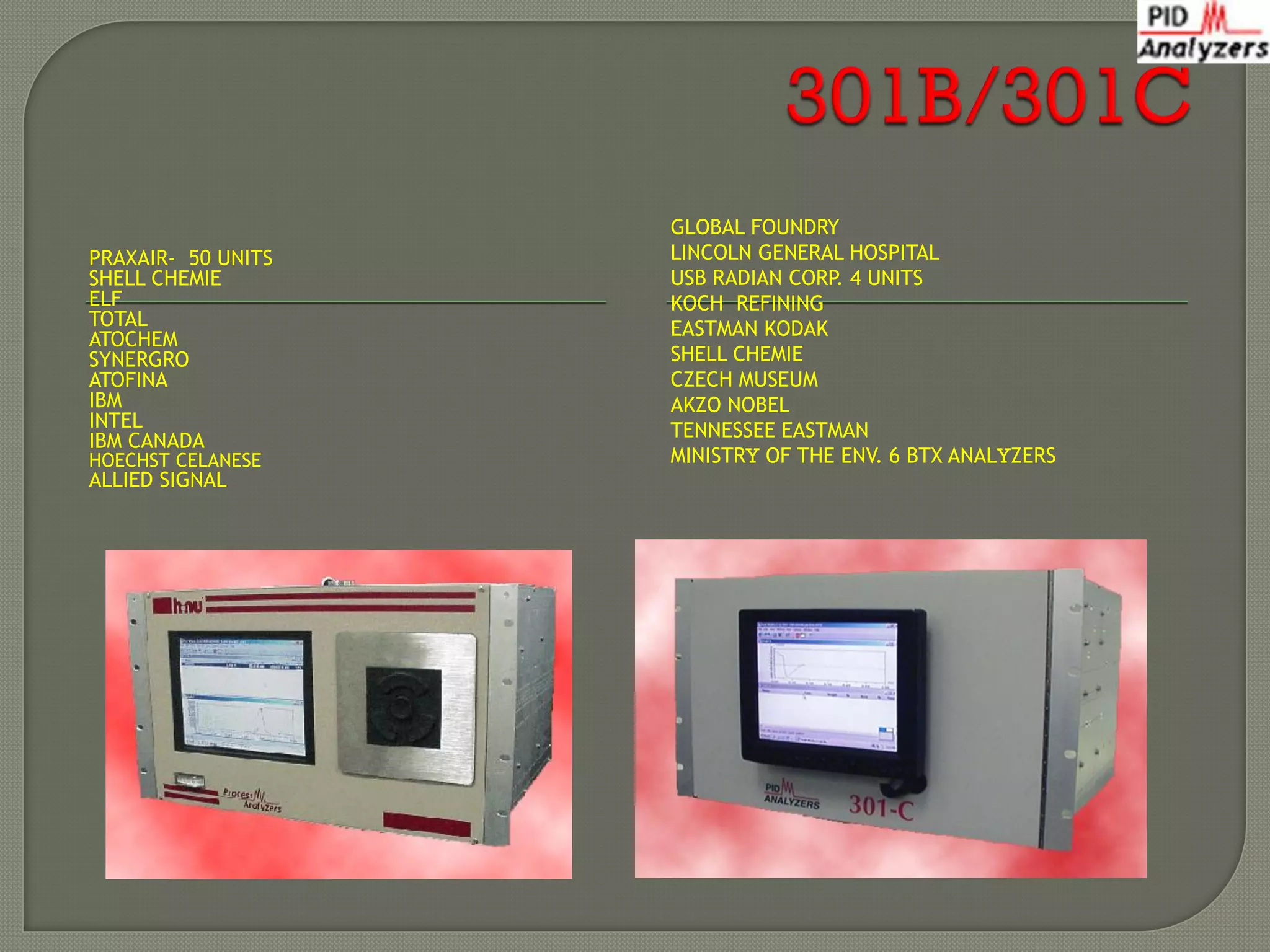 GLOBAL FOUNDRY
PRAXAIR- 50 UNITS   LINCOLN GENERAL HOSPITAL
SHELL CHEMIE        USB RADIAN CORP. 4 UNITS
ELF                 KOCH REFINING
TOTAL               EASTMAN KODAK
ATOCHEM
SYNERGRO            SHELL CHEMIE
ATOFINA             CZECH MUSEUM
IBM                 AKZO NOBEL
INTEL               TENNESSEE EASTMAN
IBM CANADA
HOECHST CELANESE    MINISTRY OF THE ENV. 6 BTX ANALYZERS
ALLIED SIGNAL
 