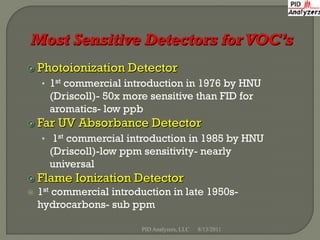  Photoionization     Detector
    • 1st commercial introduction in 1976 by HNU
      (Driscoll)- 50x more sensitive than FID for
      aromatics- low ppb
 Far   UV Absorbance Detector
    • 1st commercial introduction in 1985 by HNU
      (Driscoll)-low ppm sensitivity- nearly
      universal
 Flame    Ionization Detector
   1st commercial introduction in late 1950s-
    hydrocarbons- sub ppm

                         PID Analyzers, LLC   8/13/2011
 
