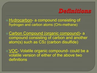  Hydrocarbon-   a compound consisting of
 hydrogen and carbon atoms (CH4-methane)

 Carbon Compound (organic compound)- a
 compound consisting of carbon and another
 atom(s) such as CS2 (carbon disulfide)

 VOC-  Volatile organic compound- could be a
 volatile version of either of the above two
 definitions
 