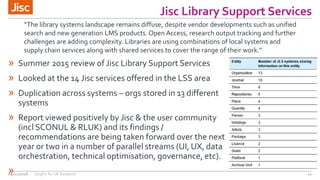 Jisc Library Support Services
12
» Summer 2015 review of Jisc Library Support Services
» Looked at the 14 Jisc services offered in the LSS area
» Duplication across systems – orgs stored in 13 different
systems
» Report viewed positively by Jisc & the user community
(incl SCONUL & RLUK) and its findings /
recommendations are being taken forward over the next
year or two in a number of parallel streams (UI, UX, data
orchestration, technical optimisation, governance, etc).
»09/11/2016 OrgIDs for UK Research
“The library systems landscape remains diffuse, despite vendor developments such as unified
search and new generation LMS products. Open Access, research output tracking and further
challenges are adding complexity. Libraries are using combinations of local systems and
supply chain services along with shared services to cover the range of their work.”
 