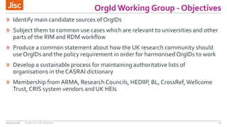 OrgId Working Group - Objectives
15
» Identify main candidate sources of OrgIDs
» Subject them to common use cases which are relevant to universities and other
parts of the RIM and RDM workflow
» Produce a common statement about how the UK research community should
use OrgIDs and the policy requirement in order for harmonised OrgIDs to work
» Develop a sustainable process for maintaining authoritative lists of
organisations in the CASRAI dictionary
» Membership from ARMA, Research Councils, HEDIIP, BL, CrossRef,Wellcome
Trust, CRIS system vendors and UK HEIs
09/11/2016 OrgIDs for UK Research
 