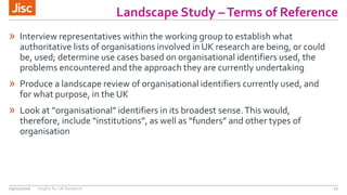 Landscape Study –Terms of Reference
17
» Interview representatives within the working group to establish what
authoritative lists of organisations involved in UK research are being, or could
be, used; determine use cases based on organisational identifiers used, the
problems encountered and the approach they are currently undertaking
» Produce a landscape review of organisational identifiers currently used, and
for what purpose, in the UK
» Look at “organisational” identifiers in its broadest sense.This would,
therefore, include “institutions”, as well as “funders” and other types of
organisation
09/11/2016 OrgIDs for UK Research
 