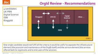 OrgId Review - Recommendations
2309/11/2016 OrgIDs for UK Research
4 candidates:
UK PRN
Digital Science
ISNI
Ringgold
One single candidate would not fulfil all the criteria it would be useful to separate the infrastructure
element (the provision and maintenance of the OrgID itself) and the service element (the services
offered both to registrants and to end users of the services).
 
