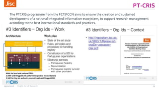 PT-CRIS
25
The PTCRIS programme from the FCT|FCCN aims to ensure the creation and sustained
development of a national integrated information ecosystem, to support research management
according to the best international standards and practices.
09/11/2016 OrgIDs for UK Research
 