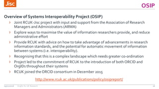 OSIP
26
Overview of Systems Interoperability Project (OSIP)
› Joint RCUK-Jisc project with input and support from the Association of Research
Managers and Administrators (ARMA)
› Explore ways to maximise the value of information researchers provide, and reduce
administrative effort
› Provide RCUK with advice on how to take advantage of advancements in research
information standards, and the potential for automatic movement of information
between systems (i.e. interoperability).
› Recognising that this is a complex landscape which needs greater co-ordination
› Project led to the commitment of RCUK to the introduction of both ORCID and
OrgIDs throughout their systems
› RCUK joined the ORCID consortium in December 2015
09/11/2016 OrgIDs for UK Research
http://www.rcuk.ac.uk/publications/policy/osipreport/
 