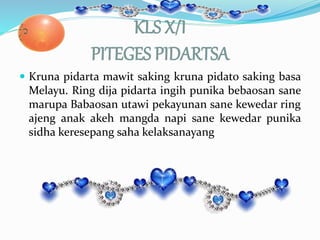 KLS X/I
PITEGES PIDARTSA
 Kruna pidarta mawit saking kruna pidato saking basa
Melayu. Ring dija pidarta ingih punika bebaosan sane
marupa Babaosan utawi pekayunan sane kewedar ring
ajeng anak akeh mangda napi sane kewedar punika
sidha keresepang saha kelaksanayang
 