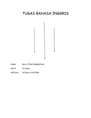 TUGAS BAHASA INGGRIS
NAMA : MUH. FITRA FIRMANSYAH
KELAS : V1 (enam)
SEKOLAH : SD Negri 10 KATOBU
 
