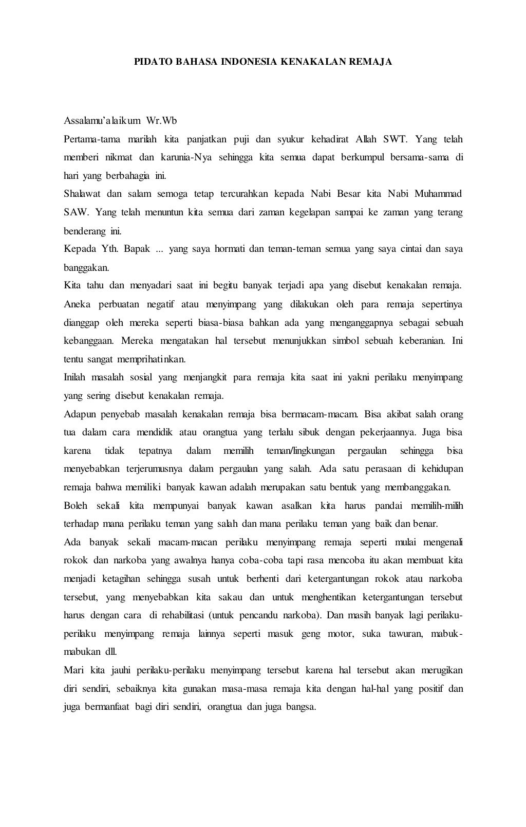 Pidato bahasa indonesia kenakalan remaja 2