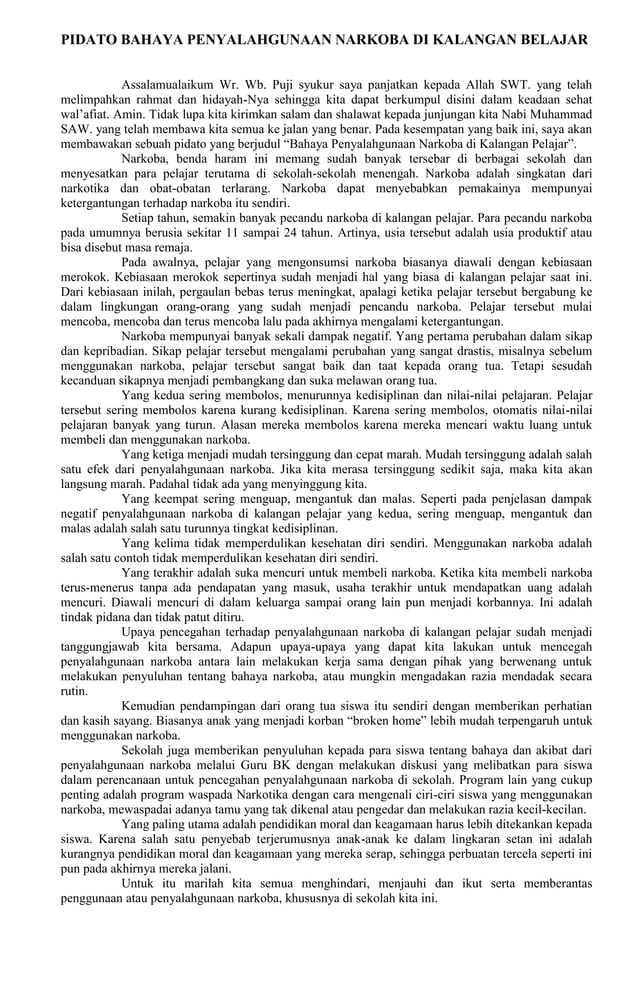 Pidato bahaya penyalahgunaan narkoba di kalangan belajar PDF