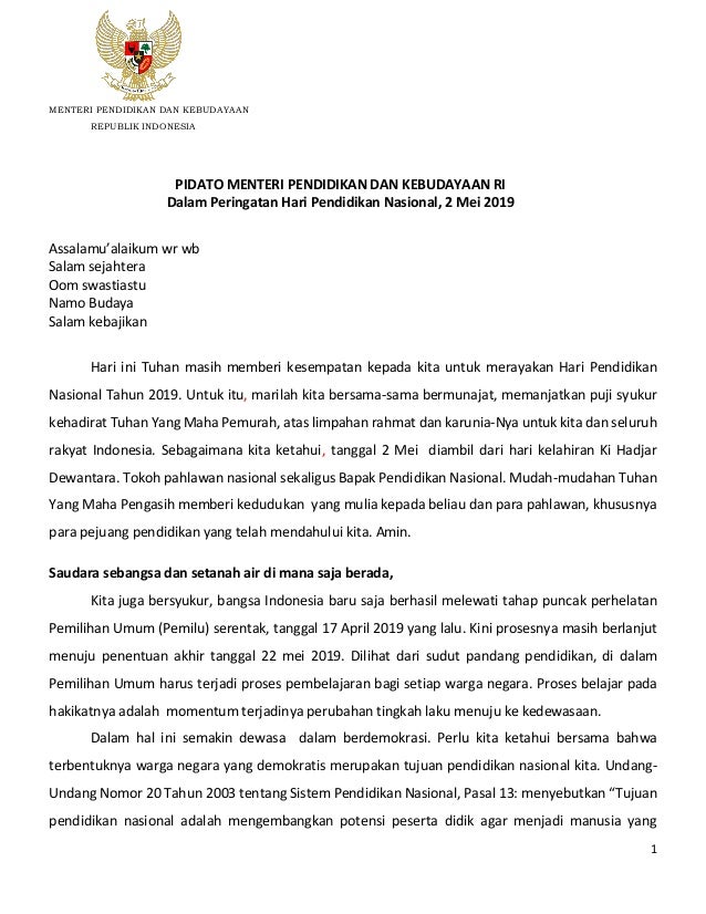 Pidato Mendikbud Hardiknas 2019