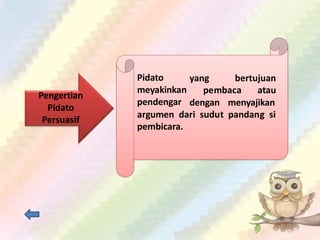 yang bertujuan
pembaca atau
Pidato
meyakinkan
pendengar dengan menyajikan
argumen dari sudut pandang si
pembicara.
Pengertian
Pidato
Persuasif
 