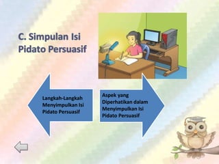 Langkah-Langkah
Menyimpulkan Isi
Pidato Persuasif
Aspek yang
Diperhatikan dalam
Menyimpulkan Isi
Pidato Persuasif
 