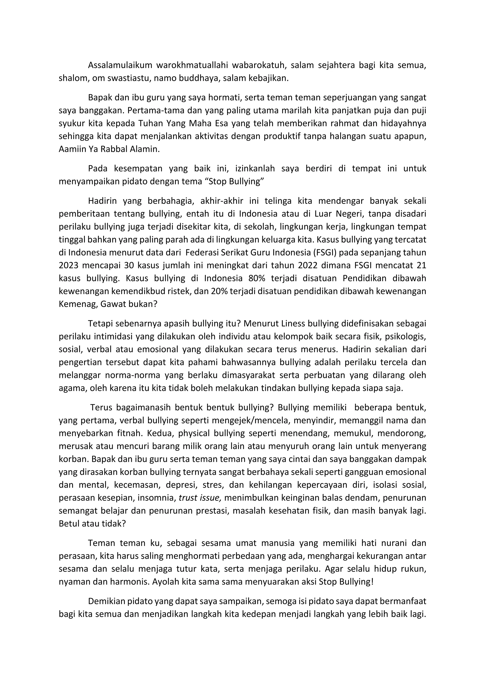 Teks Pidato Stop Bullying karya Rekhan Shofyani Ilham PDF