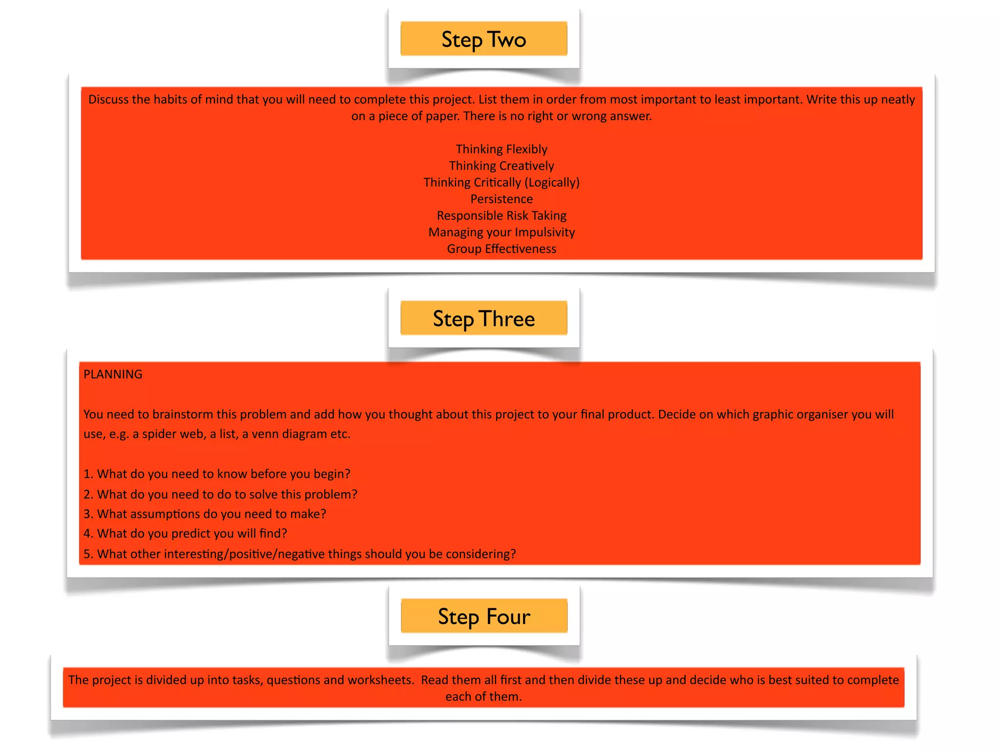 Step Two

   Discuss the habits of mind that you will need to complete this project. List them in order from most important to least important. Write this up neatly 
                                                   on a piece of paper. There is no right or wrong answer.

                                                                      Thinking Flexibly
                                                                    Thinking Crea^vely
                                                                Thinking Cri^cally (Logically)
                                                                        Persistence
                                                                  Responsible Risk Taking
                                                                 Managing your Impulsivity
                                                                    Group Eﬀec^veness




                                                                  Step Three

  PLANNING

  You need to brainstorm this problem and add how you thought about this project to your ﬁnal product. Decide on which graphic organiser you will 
  use, e.g. a spider web, a list, a venn diagram etc.

  1. What do you need to know before you begin?
  2. What do you need to do to solve this problem?
  3. What assump^ons do you need to make?
  4. What do you predict you will ﬁnd?
  5. What other interes^ng/posi^ve/nega^ve things should you be considering?



                                                                   Step Four

The project is divided up into tasks, ques^ons and worksheets.  Read them all ﬁrst and then divide these up and decide who is best suited to complete 
                                                                    each of them.  
 