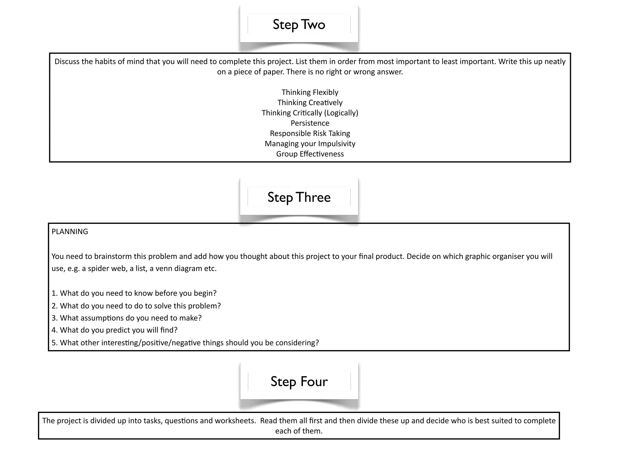Step Two

   Discuss the habits of mind that you will need to complete this project. List them in order from most important to least important. Write this up neatly 
                                                   on a piece of paper. There is no right or wrong answer.

                                                                      Thinking Flexibly
                                                                    Thinking Crea^vely
                                                                Thinking Cri^cally (Logically)
                                                                        Persistence
                                                                  Responsible Risk Taking
                                                                 Managing your Impulsivity
                                                                    Group Eﬀec^veness




                                                                  Step Three

  PLANNING

  You need to brainstorm this problem and add how you thought about this project to your ﬁnal product. Decide on which graphic organiser you will 
  use, e.g. a spider web, a list, a venn diagram etc.

  1. What do you need to know before you begin?
  2. What do you need to do to solve this problem?
  3. What assump^ons do you need to make?
  4. What do you predict you will ﬁnd?
  5. What other interes^ng/posi^ve/nega^ve things should you be considering?



                                                                   Step Four

The project is divided up into tasks, ques^ons and worksheets.  Read them all ﬁrst and then divide these up and decide who is best suited to complete 
                                                                    each of them.  
 