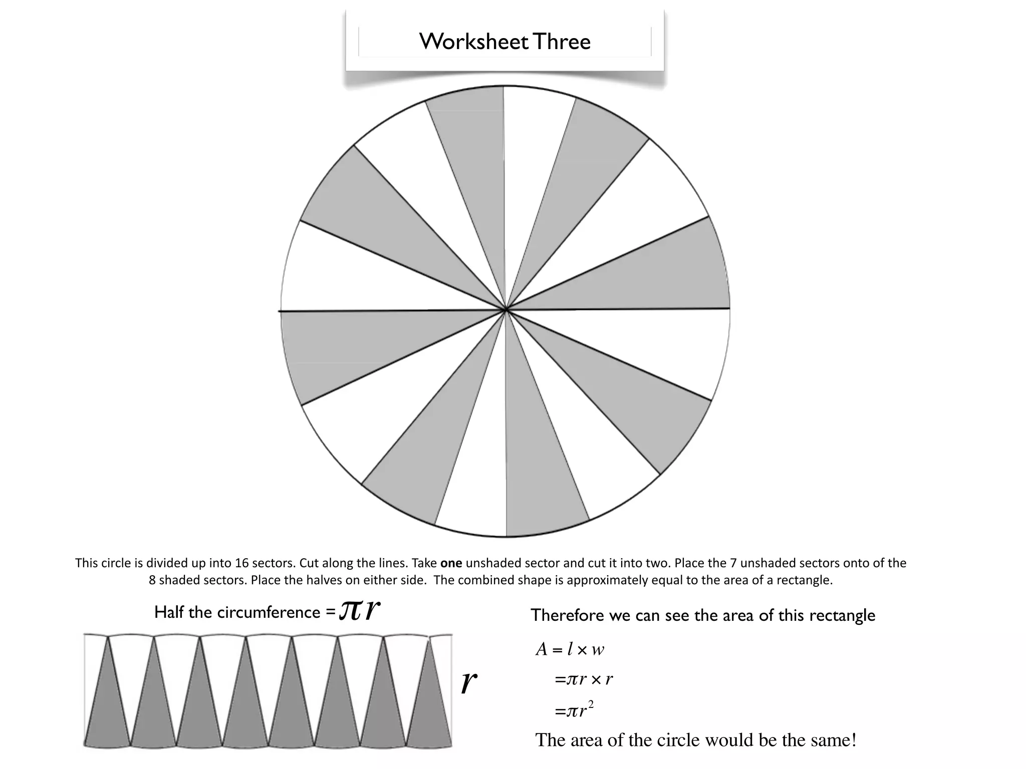 Worksheet Three




This circle is divided up into 16 sectors. Cut along the lines. Take one unshaded sector and cut it into two. Place the 7 unshaded sectors onto of the 
               8 shaded sectors. Place the halves on either side.  The combined shape is approximately equal to the area of a rectangle. 

              Half the circumference =         πr                                 Therefore we can see the area of this rectangle
                                                                                   A=l×w
                                                                     r              =π r × r
                                                                                     =π r 2
                                                                                   The area of the circle would be the same!
 