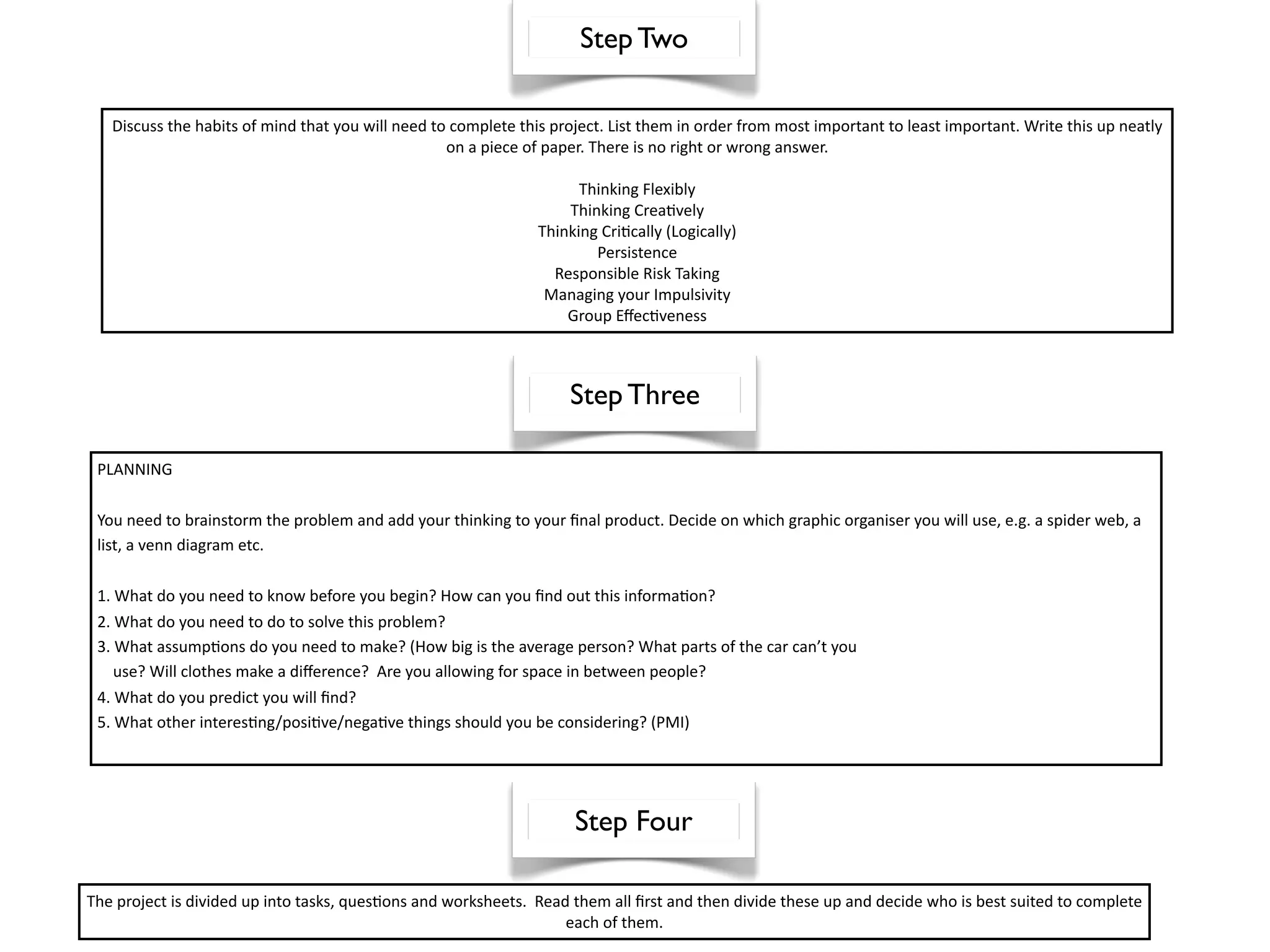 Step Two

   Discuss the habits of mind that you will need to complete this project. List them in order from most important to least important. Write this up neatly 
                                                   on a piece of paper. There is no right or wrong answer.

                                                                      Thinking Flexibly
                                                                    Thinking Crea^vely
                                                                Thinking Cri^cally (Logically)
                                                                        Persistence
                                                                  Responsible Risk Taking
                                                                 Managing your Impulsivity
                                                                    Group Eﬀec^veness



                                                                     Step Three

 PLANNING 

 You need to brainstorm the problem and add your thinking to your ﬁnal product. Decide on which graphic organiser you will use, e.g. a spider web, a 
 list, a venn diagram etc.

 1. What do you need to know before you begin? How can you ﬁnd out this informa^on?
 2. What do you need to do to solve this problem?
 3. What assump^ons do you need to make? (How big is the average person? What parts of the car can’t you
     use? Will clothes make a diﬀerence?  Are you allowing for space in between people?
 4. What do you predict you will ﬁnd?
 5. What other interes^ng/posi^ve/nega^ve things should you be considering? (PMI)




                                                                     Step Four

The project is divided up into tasks, ques^ons and worksheets.  Read them all ﬁrst and then divide these up and decide who is best suited to complete 
                                                                    each of them.  
 