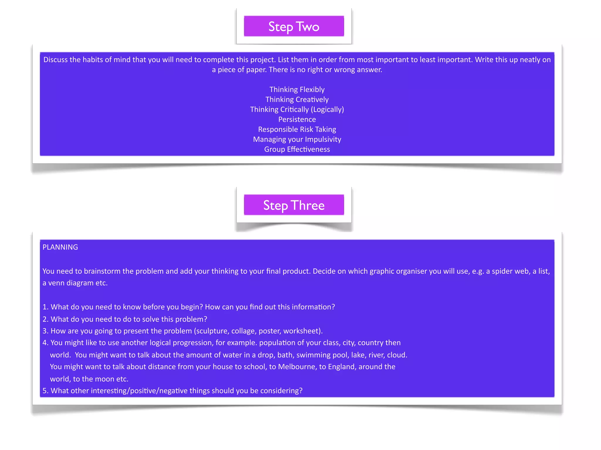 Step Two

Discuss the habits of mind that you will need to complete this project. List them in order from most important to least important. Write this up neatly on 
                                                   a piece of paper. There is no right or wrong answer.

                                                                     Thinking Flexibly
                                                                   Thinking Crea^vely
                                                               Thinking Cri^cally (Logically)
                                                                       Persistence
                                                                 Responsible Risk Taking
                                                                Managing your Impulsivity
                                                                   Group Eﬀec^veness




                                                                   Step Three

PLANNING 

You need to brainstorm the problem and add your thinking to your ﬁnal product. Decide on which graphic organiser you will use, e.g. a spider web, a list, 
a venn diagram etc.

1. What do you need to know before you begin? How can you ﬁnd out this informa^on?
2. What do you need to do to solve this problem?
3. How are you going to present the problem (sculpture, collage, poster, worksheet).
4. You might like to use another logical progression, for example. popula^on of your class, city, country then 
    world.  You might want to talk about the amount of water in a drop, bath, swimming pool, lake, river, cloud.
    You might want to talk about distance from your house to school, to Melbourne, to England, around the 
    world, to the moon etc.
5. What other interes^ng/posi^ve/nega^ve things should you be considering?
 