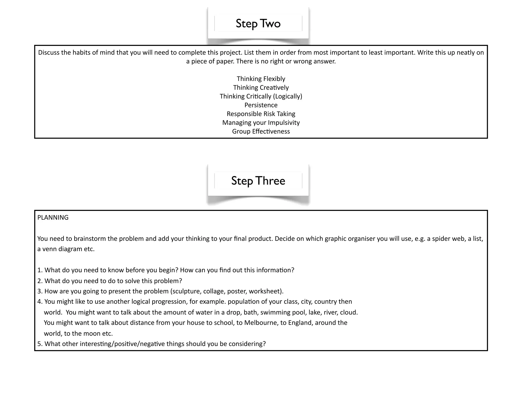 Step Two

Discuss the habits of mind that you will need to complete this project. List them in order from most important to least important. Write this up neatly on 
                                                   a piece of paper. There is no right or wrong answer.

                                                                     Thinking Flexibly
                                                                   Thinking Crea^vely
                                                               Thinking Cri^cally (Logically)
                                                                       Persistence
                                                                 Responsible Risk Taking
                                                                Managing your Impulsivity
                                                                   Group Eﬀec^veness




                                                                   Step Three

PLANNING 

You need to brainstorm the problem and add your thinking to your ﬁnal product. Decide on which graphic organiser you will use, e.g. a spider web, a list, 
a venn diagram etc.

1. What do you need to know before you begin? How can you ﬁnd out this informa^on?
2. What do you need to do to solve this problem?
3. How are you going to present the problem (sculpture, collage, poster, worksheet).
4. You might like to use another logical progression, for example. popula^on of your class, city, country then 
    world.  You might want to talk about the amount of water in a drop, bath, swimming pool, lake, river, cloud.
    You might want to talk about distance from your house to school, to Melbourne, to England, around the 
    world, to the moon etc.
5. What other interes^ng/posi^ve/nega^ve things should you be considering?
 