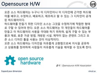 Expand your dimension circul.us
Opensource H/W
오픈 소스 하드웨어는 누구나 이 디자인이나 이 디자인에 근거한 하드웨
어를 배우고, 수정하고, 배포하고, 제조하고 팔 수 있는 그 디자인이 공개
된 하드웨어이다.
하드웨어를 만들기 위한 디자인 소스는 그것을 수정하기에 적합한 형태
로 구할 수 있어야 한다. 오픈 소스 하드웨어는 각 개인들이 하드웨어를
만들고 이 하드웨어의 사용을 극대화 하기 위하여, 쉽게 구할 수 있는 부
품과 재료, 표준 가공 방법, 개방된 시설, 제약이 없는 콘텐트 그리고 오
픈 소스 디자인 툴을 사용는 것이 이상적이다.
오픈 소스 하드웨어는 디자인을 자유롭게 교환함으로써 지식을 공유하
고 상용화를 장려하여 사람들이 자유롭게 기술을 제어할 수 있도록 한다.
출처 : Opensource H/W Association
 