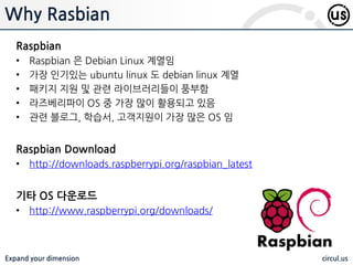 Expand your dimension circul.us
Why Rasbian
Raspbian
• Raspbian 은 Debian Linux 계열임
• 가장 인기있는 ubuntu linux 도 debian linux 계열
• 패키지 지원 및 관련 라이브러리들이 풍부함
• 라즈베리파이 OS 중 가장 많이 활용되고 있음
• 관련 블로그, 학습서, 고객지원이 가장 많은 OS 임
Raspbian Download
• http://downloads.raspberrypi.org/raspbian_latest
기타 OS 다운로드
• http://www.raspberrypi.org/downloads/
 