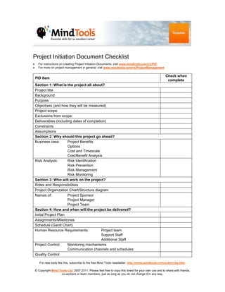 Pid Project Control Section Example Pid checklist | PDF