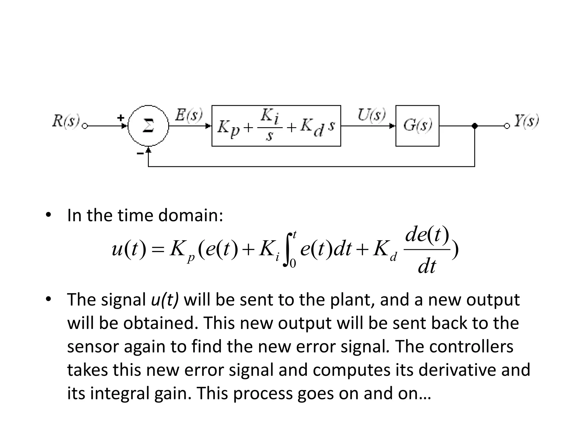 • In the time domain:
• The signal u(t) will be sent to the plant, and a new output
will be obtained. This new output will be sent back to the
sensor again to find the new error signal. The controllers
takes this new error signal and computes its derivative and
its integral gain. This process goes on and on…
)
)(
)()(()(
0 dt
tde
KdtteKteKtu d
t
ip  
 