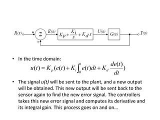• In the time domain:
• The signal u(t) will be sent to the plant, and a new output
will be obtained. This new output will be sent back to the
sensor again to find the new error signal. The controllers
takes this new error signal and computes its derivative and
its integral gain. This process goes on and on…
)
)(
)()(()(
0 dt
tde
KdtteKteKtu d
t
ip  
 