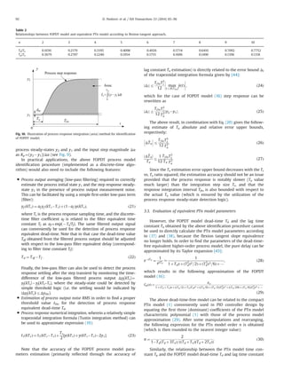 process steady-states y2 and y1 and the input step magnitude Δu
as Kp¼(y2 Ày1)/Δu (see Fig. 9).
In practical applications, the above FOPDT process model
identiﬁcation procedure (implemented as a discrete-time algo-
rithm) would also need to include the following features:
 Process output averaging (low-pass ﬁltering) required to correctly
estimate the process initial state y1 and the step response steady-
state y2 in the presence of process output measurement noise.
This can be facilitated by using a simple ﬁrst-order low-pass term
(ﬁlter):
yf ðkTsÞ ¼ af yf ðkTsÀTsÞþð1Àaf ÞyðkTsÞ; ð21Þ
where Ts is the process response sampling time, and the discrete-
time ﬁlter coefﬁcient af is related to the ﬁlter equivalent time
constant Tf as af¼exp(ÀTs/Tf). The same ﬁltered output signal
can conveniently be used for the detection of process response
equivalent dead-time. Note that in that case the dead-time value
Tdf obtained from the ﬁltered process output should be adjusted
with respect to the low-pass ﬁlter equivalent delay (correspond-
ing to ﬁlter time constant Tf):
Td ¼ Tdf ÀTf : ð22Þ
Finally, the low-pass ﬁlter can also be used to detect the process
response settling after the step transient by monitoring the time-
difference of the low-pass ﬁltered process output Δyf(kTs)¼
yf(kTs)Àyf(kTs–Ts), where the steady-state could be detected by
simple threshold logic (i.e. the settling would be indicated by
|Δyf(kTs)|rΔythr).
 Estimation of process output noise RMS in order to ﬁnd a proper
threshold value δthr for the detection of process response
equivalent dead-time Td.
 Process response numerical integration, wherein a relatively simple
trapezoidal integration formula (Tustin integration method) can
be used to approximate expression (19):
I1ðkTsÞ ¼ I1ðkTsÀTsÞþ
Ts
2
½yðkTsÞþyðkTsÀTsÞÀ2y1Š: ð23Þ
Note that the accuracy of the FOPDT process model para-
meters estimation (primarily reﬂected through the accuracy of
lag constant Ta estimation) is directly related to the error bound ΔI
of the trapezoidal integration formula given by [44]:
ΔIj jr
Tf inT2
s
12
max
t A ½0;Tf inŠ
€yðtÞ
 