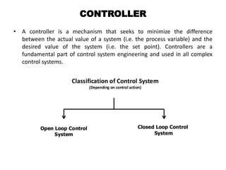 CONTROLLER
• A controller is a mechanism that seeks to minimize the difference
between the actual value of a system (i.e. the process variable) and the
desired value of the system (i.e. the set point). Controllers are a
fundamental part of control system engineering and used in all complex
control systems.
 