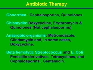 Antibiotic Therapy
Gonorrhea : Cephalosporins, Quinolones
Chlamydia: Doxycycline, Erythromycin &
Quinolones (Not cephalosporins)
Anaerobic organisms: Metronidazole,
Clindamycin and, in some cases,
Doxycycline.
Beta hemolytic Streptococcus and E. Coli
Penicillin derivatives, Tetracyclines, and
Cephalosporins , Gentamicin.
 