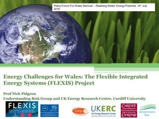 Energy Challenges for Wales: The Flexible Integrated
Energy Systems (FLEXIS) Project
Prof Nick Pidgeon
Understanding Risk Group and UK Energy Research Centre, Cardiff University
Policy Forum For Wales Seminar – Realising Wales’ Energy Potential, 14th
July
2016
 