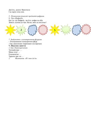Дев’ять, десять! Відпочили
І за парти тихо сіли.
5. Позначення кількості предметів цифрами
6. Гра «Цифроїд»
Був тут дід Цифроїд, що їсть цифри на обід
Замість печива до чаю. Встав, яких не вистачає!
7. Знайомство з геометричними фігурами
- Розпізнавання геометричних фігур.
- Гра «Допоможи тваринкам» (на картках)
V. Підсумок заняття
1. Гра «Закінчиречення»
Татомайструє …
Мама готує …
Оленкачитає …
Тарасик грає на …
2. Малювання. «Я і моя сім’я».
52
 