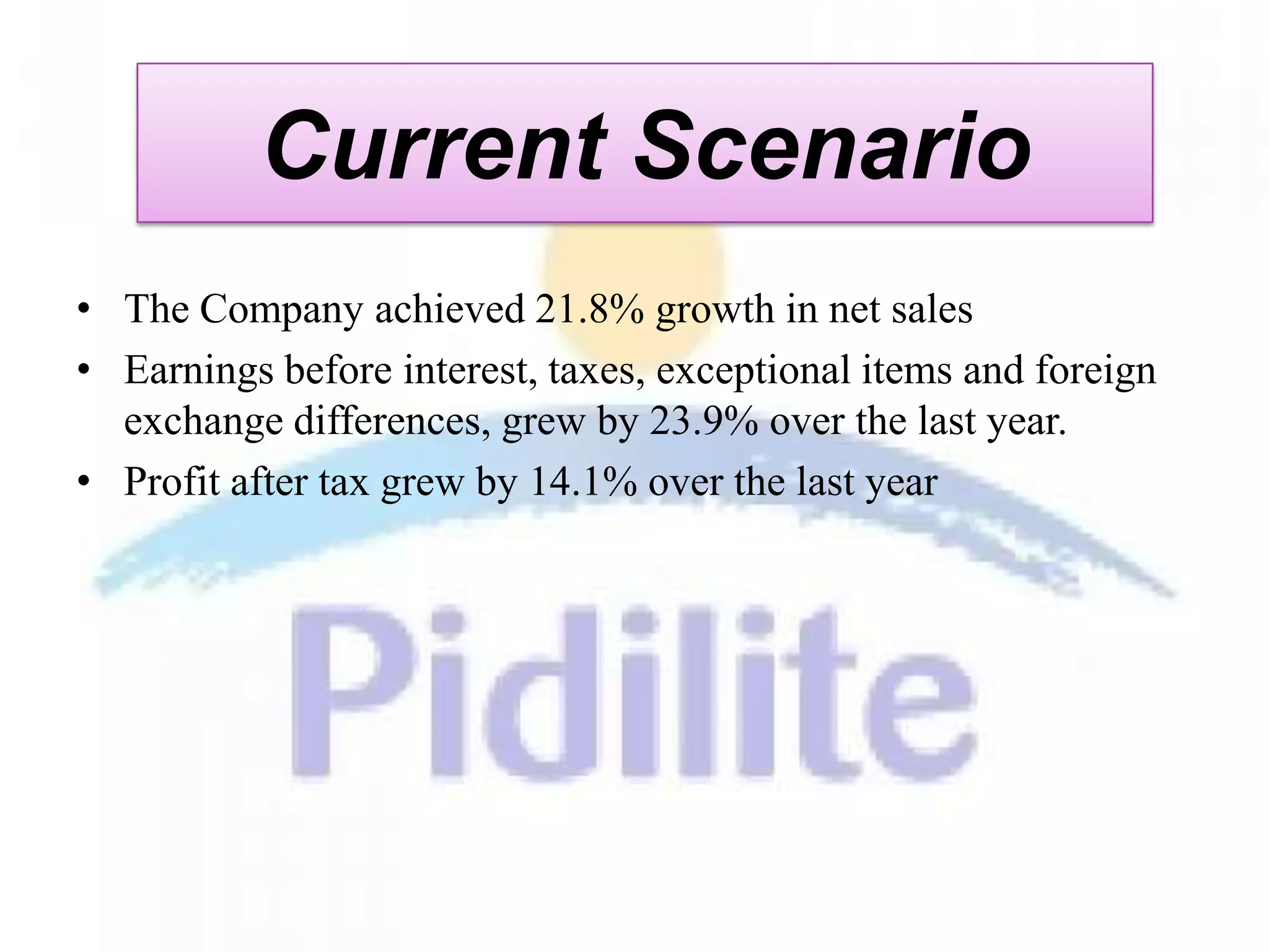 Current Scenario
• The Company achieved 21.8% growth in net sales
• Earnings before interest, taxes, exceptional items and foreign
  exchange differences, grew by 23.9% over the last year.
• Profit after tax grew by 14.1% over the last year
 