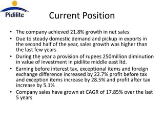 Current Position
• The company achieved 21.8% growth in net sales
• Due to steady domestic demand and pickup in exports in
  the second half of the year, sales growth was higher than
  the last few years.
• During the year a provision of rupees 250million diminution
  in value of investment in pidilite middle east ltd.
• Earning before interest tax, exceptional items and foreign
  exchange difference increased by 22.7% profit before tax
  and exception items increase by 28.5% and profit after tax
  increase by 5.1%
• Company sales have grown at CAGR of 17.85% over the last
  5 years
 