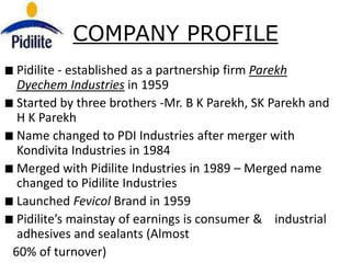 COMPANY PROFILE
 Pidilite - established as a partnership firm Parekh
 Dyechem Industries in 1959
 Started by three brothers -Mr. B K Parekh, SK Parekh and
 H K Parekh
 Name changed to PDI Industries after merger with
 Kondivita Industries in 1984
 Merged with Pidilite Industries in 1989 – Merged name
 changed to Pidilite Industries
 Launched Fevicol Brand in 1959
 Pidilite’s mainstay of earnings is consumer & industrial
 adhesives and sealants (Almost
60% of turnover)
 