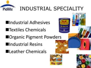 INDUSTRIAL SPECIALITY

Industrial Adhesives
Textiles Chemicals
Organic Pigment Powders
Industrial Resins
Leather Chemicals
 