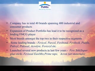 Company has in total 40 brands spanning 400 industrial and consumer products Expansion of Product Portfolio has lead it to be recognized as a leading FMCG player Most brands amongst the top two in their respective segments Some leading brands -  Fevicol, Parcol, Fevibond, Fevikwik, Pidifix, Pidivyl, Pidiseal, Acrolyte, Fevicryl  etc. Launched several new products in last few years -  Fevi Stik(Super glue stick), Feviseal EasiMix,Prime tape,  Acron (art materials)   