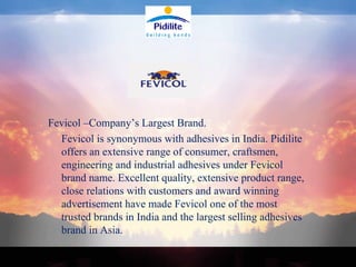 Fevicol –Company’s Largest Brand. Fevicol is synonymous with adhesives in India. Pidilite offers an extensive range of consumer, craftsmen, engineering and industrial adhesives under Fevicol brand name. Excellent quality, extensive product range, close relations with customers and award winning advertisement have made Fevicol one of the most trusted brands in India and the largest selling adhesives brand in Asia. 