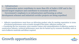 Growth opportunities
1. Infrastructure
Construction sector contributes to more than 8% of India’s GDP and is the
second largest employer and contributor to economic activities
Government’s emphasis is on infrastructure and housing as urban
development schemes and industrial corridor projects are being expedited.
• Adhesive manufacturers must focus on delivering product value by meeting expectation in terms
of technical performance such as tensile strength of the joints, adhesion runtime, etc.
• Considering the low awareness, price-sensitive nature and commoditisation of adhesives market in
construction industry, technical performance must also be backed up by economic feasibility such as
cost of adhesive materials and labour required.
 
