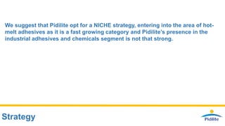 Strategy
We suggest that Pidilite opt for a NICHE strategy, entering into the area of hot-
melt adhesives as it is a fast growing category and Pidilite’s presence in the
industrial adhesives and chemicals segment is not that strong.
 