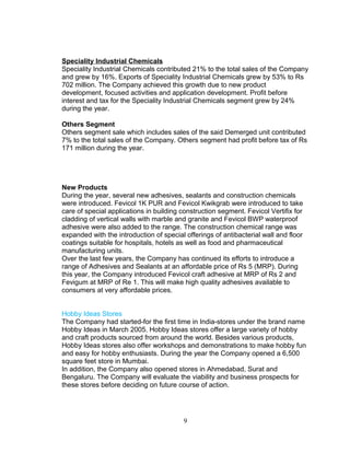 Speciality Industrial Chemicals
Speciality Industrial Chemicals contributed 21% to the total sales of the Company
and grew by 16%. Exports of Speciality Industrial Chemicals grew by 53% to Rs
702 million. The Company achieved this growth due to new product
development, focused activities and application development. Profit before
interest and tax for the Speciality Industrial Chemicals segment grew by 24%
during the year.
Others Segment
Others segment sale which includes sales of the said Demerged unit contributed
7% to the total sales of the Company. Others segment had profit before tax of Rs
171 million during the year.

New Products
During the year, several new adhesives, sealants and construction chemicals
were introduced. Fevicol 1K PUR and Fevicol Kwikgrab were introduced to take
care of special applications in building construction segment. Fevicol Vertifix for
cladding of vertical walls with marble and granite and Fevicol BWP waterproof
adhesive were also added to the range. The construction chemical range was
expanded with the introduction of special offerings of antibacterial wall and floor
coatings suitable for hospitals, hotels as well as food and pharmaceutical
manufacturing units.
Over the last few years, the Company has continued its efforts to introduce a
range of Adhesives and Sealants at an affordable price of Rs 5 (MRP). During
this year, the Company introduced Fevicol craft adhesive at MRP of Rs 2 and
Fevigum at MRP of Re 1. This will make high quality adhesives available to
consumers at very affordable prices.
Hobby Ideas Stores
The Company had started-for the first time in India-stores under the brand name
Hobby Ideas in March 2005. Hobby Ideas stores offer a large variety of hobby
and craft products sourced from around the world. Besides various products,
Hobby Ideas stores also offer workshops and demonstrations to make hobby fun
and easy for hobby enthusiasts. During the year the Company opened a 6,500
square feet store in Mumbai.
In addition, the Company also opened stores in Ahmedabad, Surat and
Bengaluru. The Company will evaluate the viability and business prospects for
these stores before deciding on future course of action.

9

 