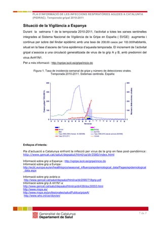 PLA D’INFORMACIÓ DE LES INFECCIONS RESPIRATÒRIES AGUDES A CATALUNYA
        (PIDIRAC). Temporada gripal 2010-2011


Situació informatiu núm. 40 (05.8.09)
     Full
          de la Vigilància a Espanya
Durant la setmana 1 de la temporada 2010-2011, l’activitat a totes les xarxes sentinelles
integrades al Sistema Nacional de Vigilància de la Gripe en España ( SVGE) augmenta i
continua per sobre del llindar epidèmic amb una taxa de 208,69 casos per 100.000habitants,
situat en la fase d’ascens de l’ona epidèmica d’aquesta temporada. El increment de l’activitat
gripal s’associa a una circulació generalitzada de virus de la grip A y B, amb predomini del
virus AnH1N1.
Per a més informació : http://vgripe.isciii.es/gripe/inicio.do




Enllaços d’interés:

Pla d'actuació a Catalunya enfront la infecció per virus de la grip en fase post-pandèmica:
http://www.gencat.cat/salut/depsalut/html/ca/dir3580/index.html

Informació sobre grip a Espanya:: http://vgripe.isciii.es/gripe/inicio.do
Informació sobre grip a Europa :
http://ecdc.europa.eu/en/healthtopics/seasonal_influenza/epidemiological_data/Pages/epidemiological
_data.aspx

Informació sobre grip aviària a:
 http://www.gencat.cat/salut/depsalut/html/ca/dir2090/718grip.pdf
Informació sobre grip A nH1N1 a:
http://www.gencat.cat/salut/depsalut/html/ca/dir438/doc30553.html
http://www.msps.es/
http://www.msps.es/profesionales/saludPublica/gripeA/
 http://www.who.int/csr/don/en/




                                                                                             7 de 7
 