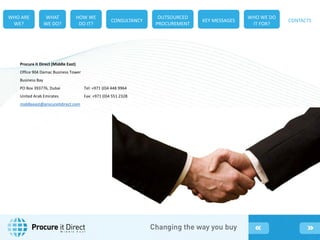 WHO ARE
WE?
WHAT
WE DO?
HOW WE
DO IT?
WHO WE DO
IT FOR?
CONSULTANCY
OUTSOURCED
PROCUREMENT
KEY MESSAGES CONTACTS
M i d d l e E a s t
Procure it Direct (Middle East)
Office 904 Damac Business Tower
Business Bay
PO Box 393776, Dubai Tel: +971 (0)4 448 9964
United Arab Emirates Fax: +971 (0)4 551 2328
middleeast@procureitdirect.com
 