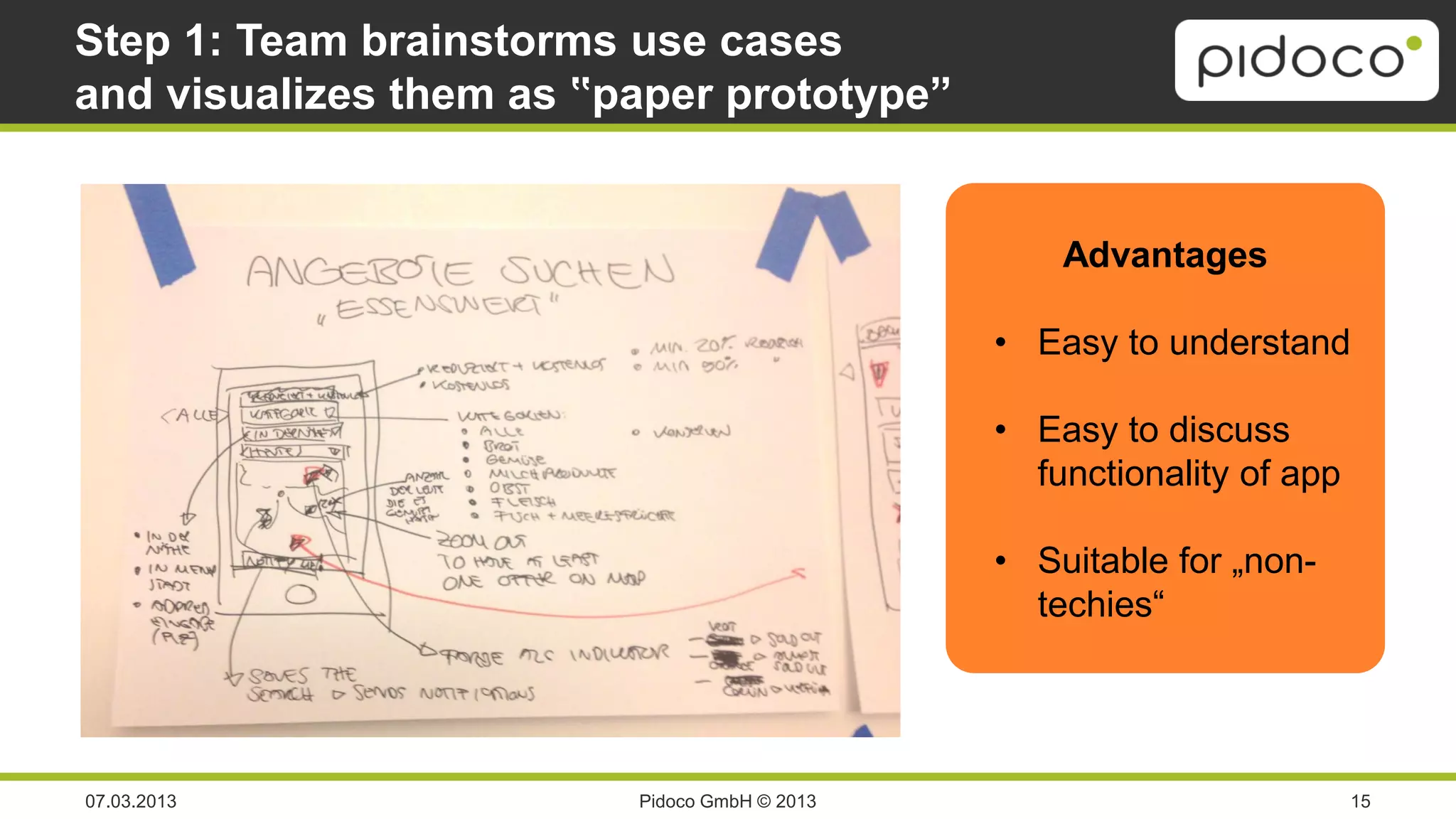 Step 1: Team brainstorms use cases
and visualizes them as ‟paper prototype”


                                                         Advantages

                                                     • Easy to understand

                                                     • Easy to discuss
                                                       functionality of app

                Screenshot:                          • Suitable for „non-
              Paper prototype                          techies“




07.03.2013                      Pidoco GmbH © 2013                            15
 