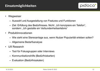 Einsatzmöglichkeiten
• Wegweiser
– Auswahl und Ausgestaltung von Features und Funktionen

– Ziel: Erfüllung des Bedürfnisses. Nicht: „Ich konzipiere ein Telefon“,
sondern: „Ich gestalte ein Verbundenheitserlebnis“

• Produktinnovationen
– Wie sieht eine Stereoanlage aus, wenn Nutzer Popularität erleben sollen?
– Allgemeine Bedarfsanalyse

• UX Research
– Tool für Fokusgruppen oder Interviews
– Kommunikationshilfe (Bedürfniskarten)
– Evaluation (Bedürfnisskalen)

31.10.2013

Pidoco GmbH © 2013

12

 